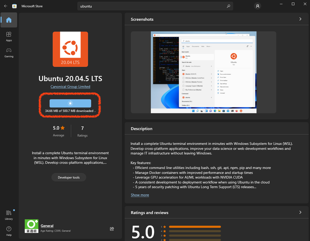 Download the Ubuntu from the Microsoft Store